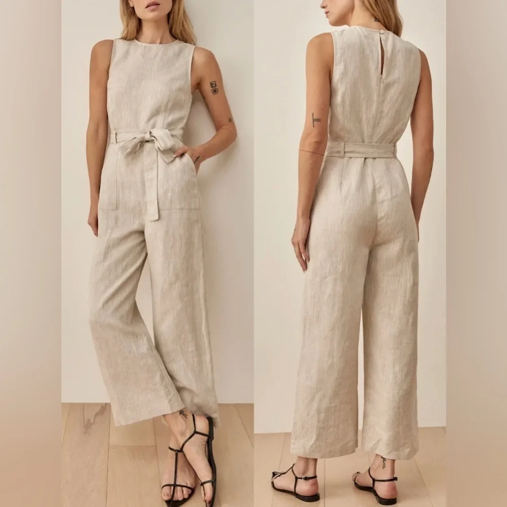 NEW Reformation Naomi Linen Belted Jumpsuit in Oatmeal sz 4